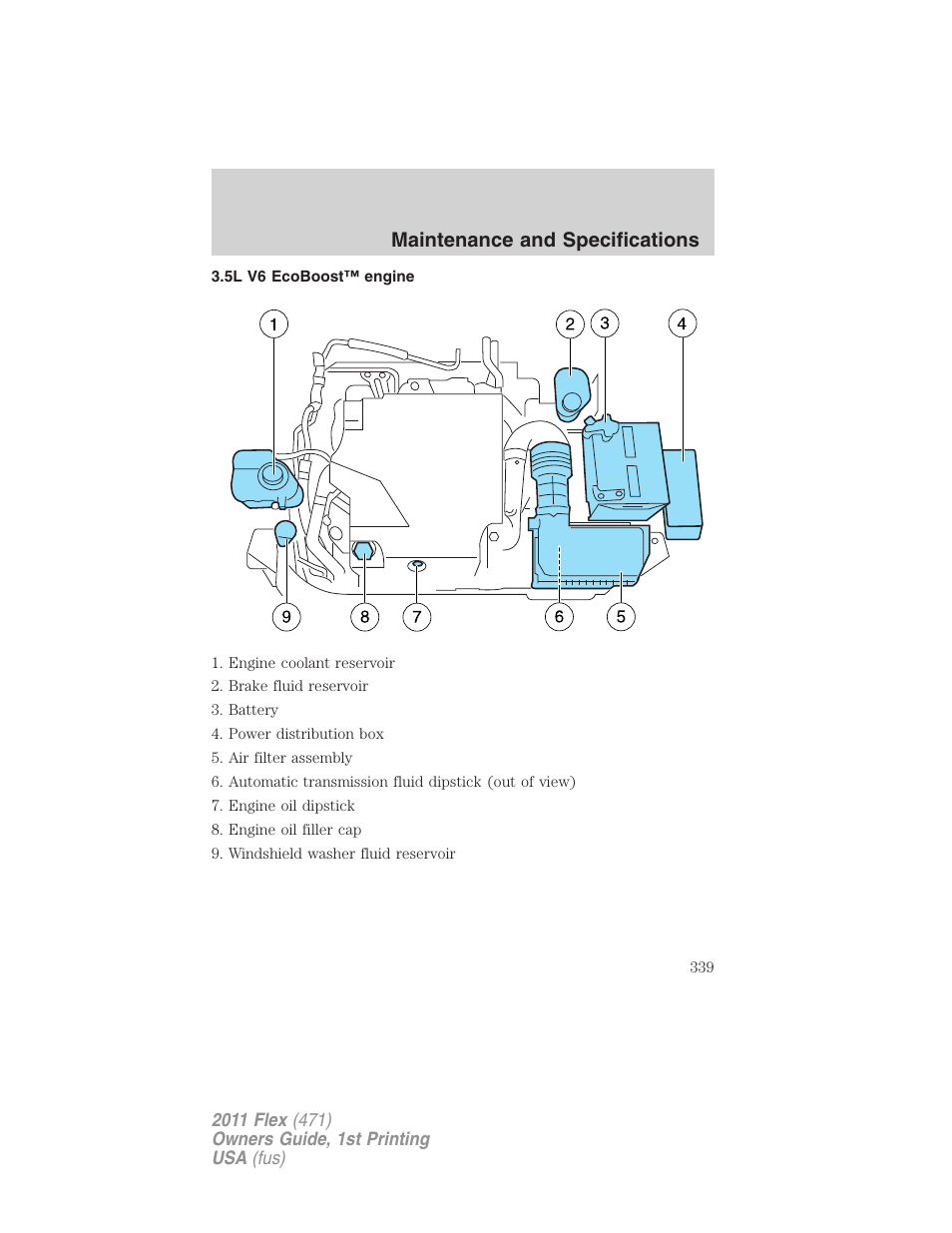 5l v6 ecoboost™ engine, Maintenance and specifications | FORD 2011 Flex v.1 User Manual | Page 339 / 418