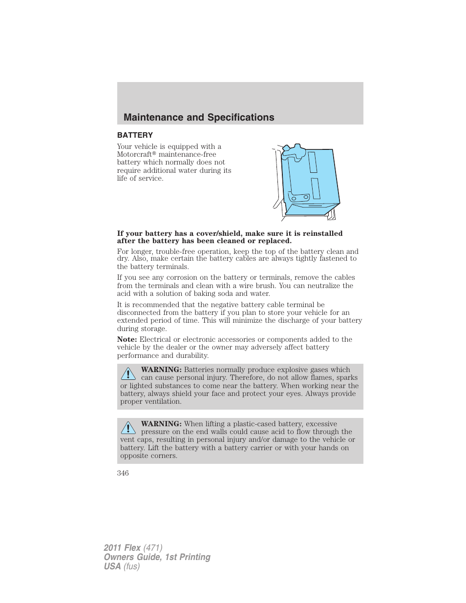 Battery, Maintenance and specifications | FORD 2011 Flex v.1 User Manual | Page 346 / 418