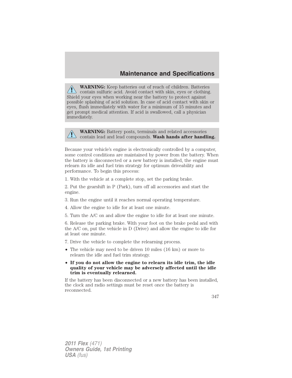 Maintenance and specifications | FORD 2011 Flex v.1 User Manual | Page 347 / 418