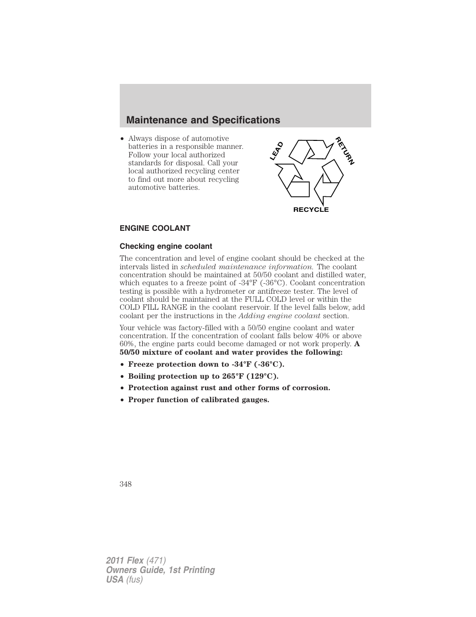 Engine coolant, Checking engine coolant, Maintenance and specifications | FORD 2011 Flex v.1 User Manual | Page 348 / 418