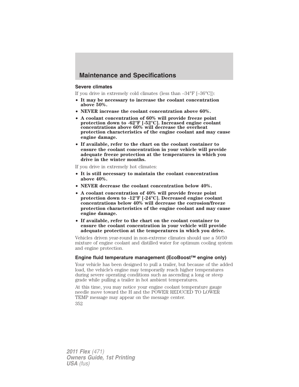 Severe climates, Maintenance and specifications | FORD 2011 Flex v.1 User Manual | Page 352 / 418