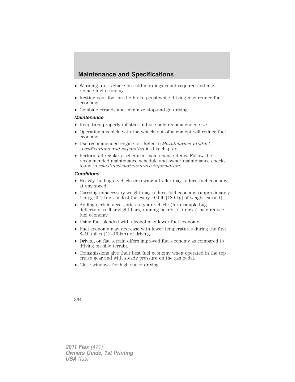Maintenance, Conditions, Maintenance and specifications | FORD 2011 Flex v.1 User Manual | Page 364 / 418