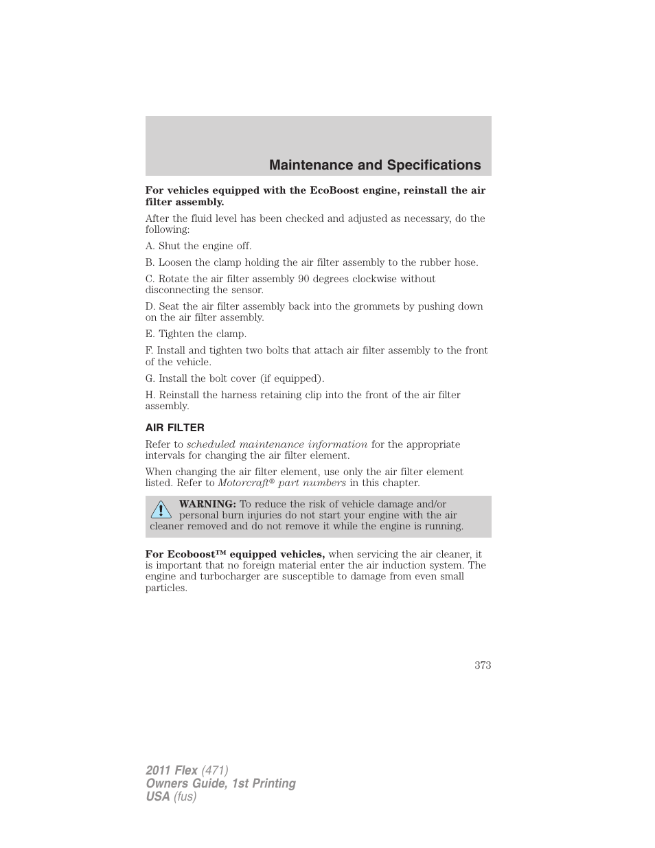 Air filter, Air filter(s), Maintenance and specifications | FORD 2011 Flex v.1 User Manual | Page 373 / 418