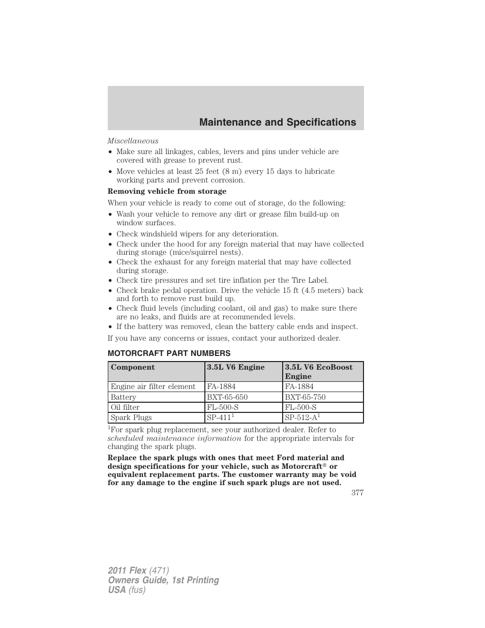 Motorcraft part numbers, Part numbers, Maintenance and specifications | FORD 2011 Flex v.1 User Manual | Page 377 / 418