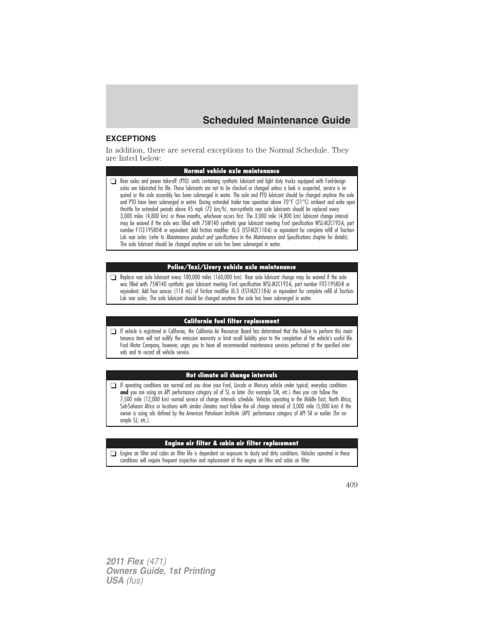 Exceptions, Scheduled maintenance guide | FORD 2011 Flex v.1 User Manual | Page 409 / 418