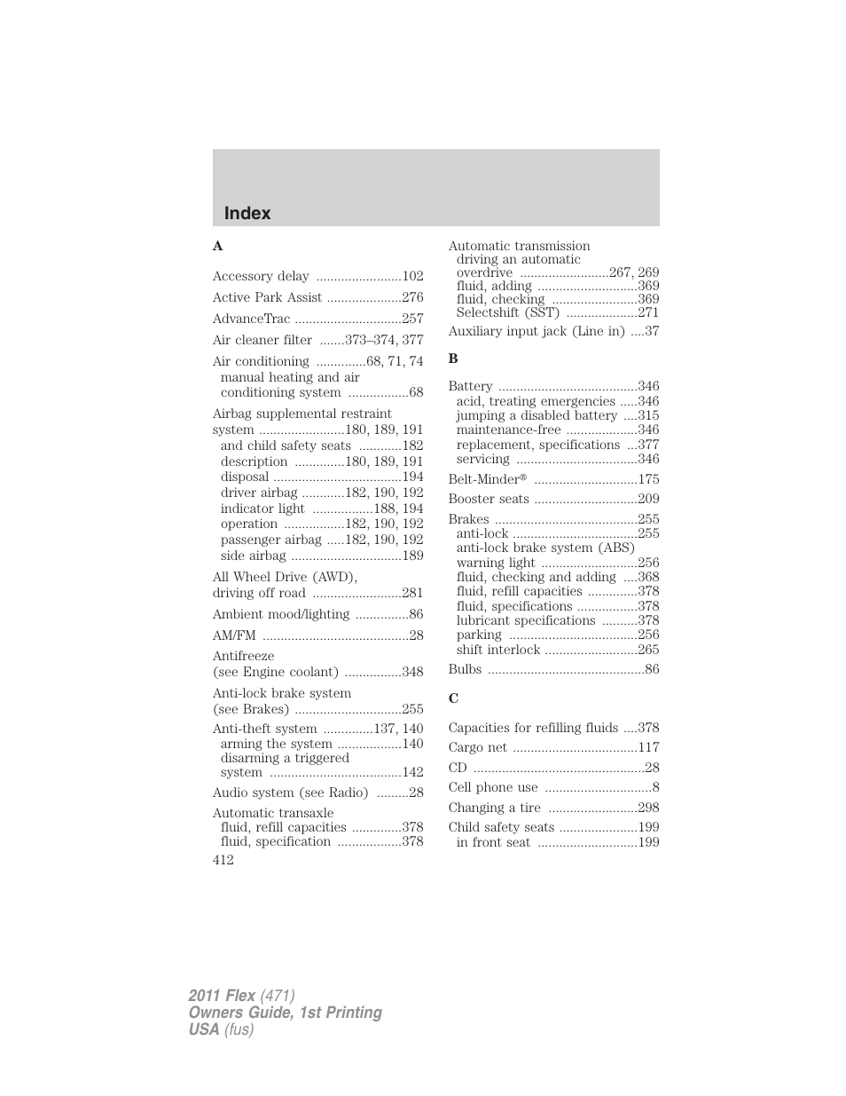 Index | FORD 2011 Flex v.1 User Manual | Page 412 / 418