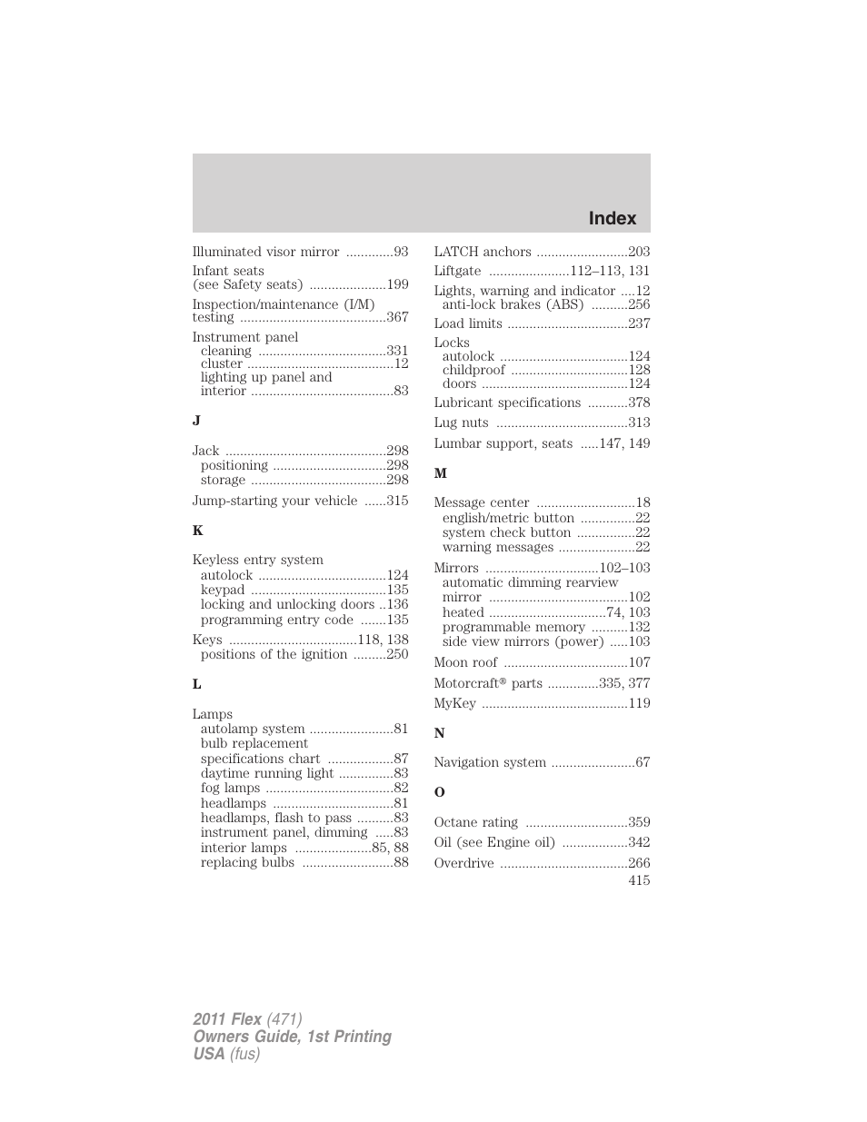 Index | FORD 2011 Flex v.1 User Manual | Page 415 / 418