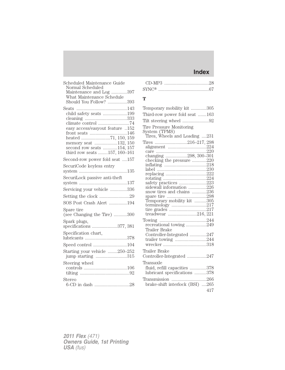 Index | FORD 2011 Flex v.1 User Manual | Page 417 / 418