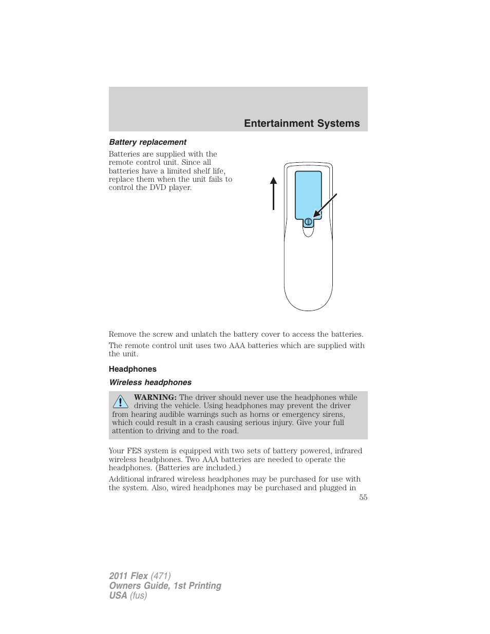Battery replacement, Headphones, Wireless headphones | Entertainment systems | FORD 2011 Flex v.1 User Manual | Page 55 / 418