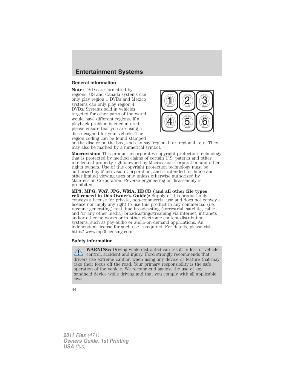 General information, Safety information, Entertainment systems | FORD 2011 Flex v.1 User Manual | Page 64 / 418