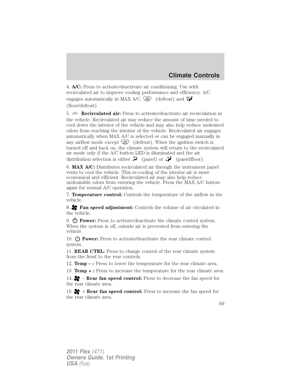 Climate controls | FORD 2011 Flex v.1 User Manual | Page 69 / 418