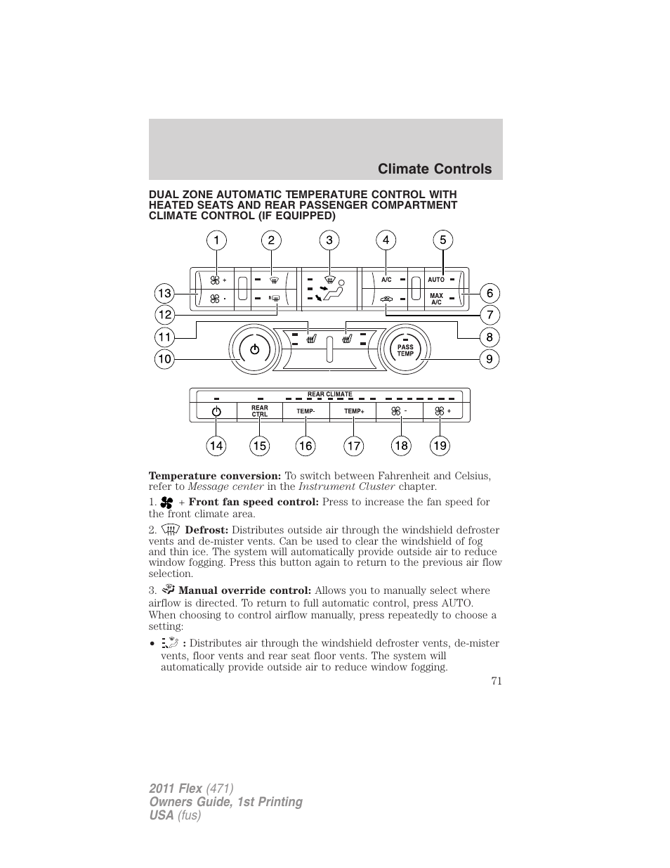 Dual electronic automatic temperature control, Climate controls | FORD 2011 Flex v.1 User Manual | Page 71 / 418