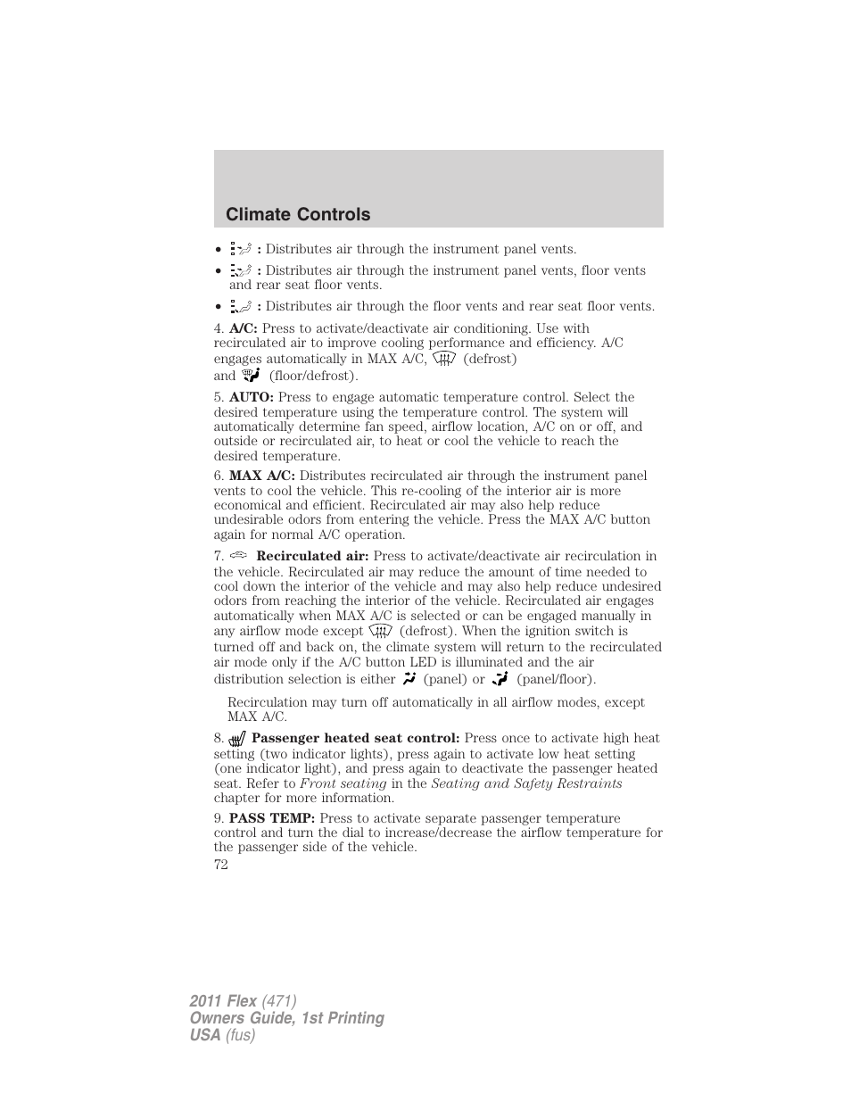 Climate controls | FORD 2011 Flex v.1 User Manual | Page 72 / 418