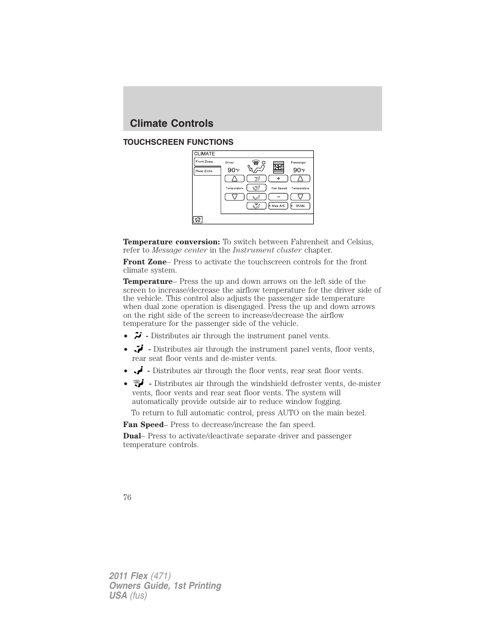 Touchscreen functions, Climate controls | FORD 2011 Flex v.1 User Manual | Page 76 / 418