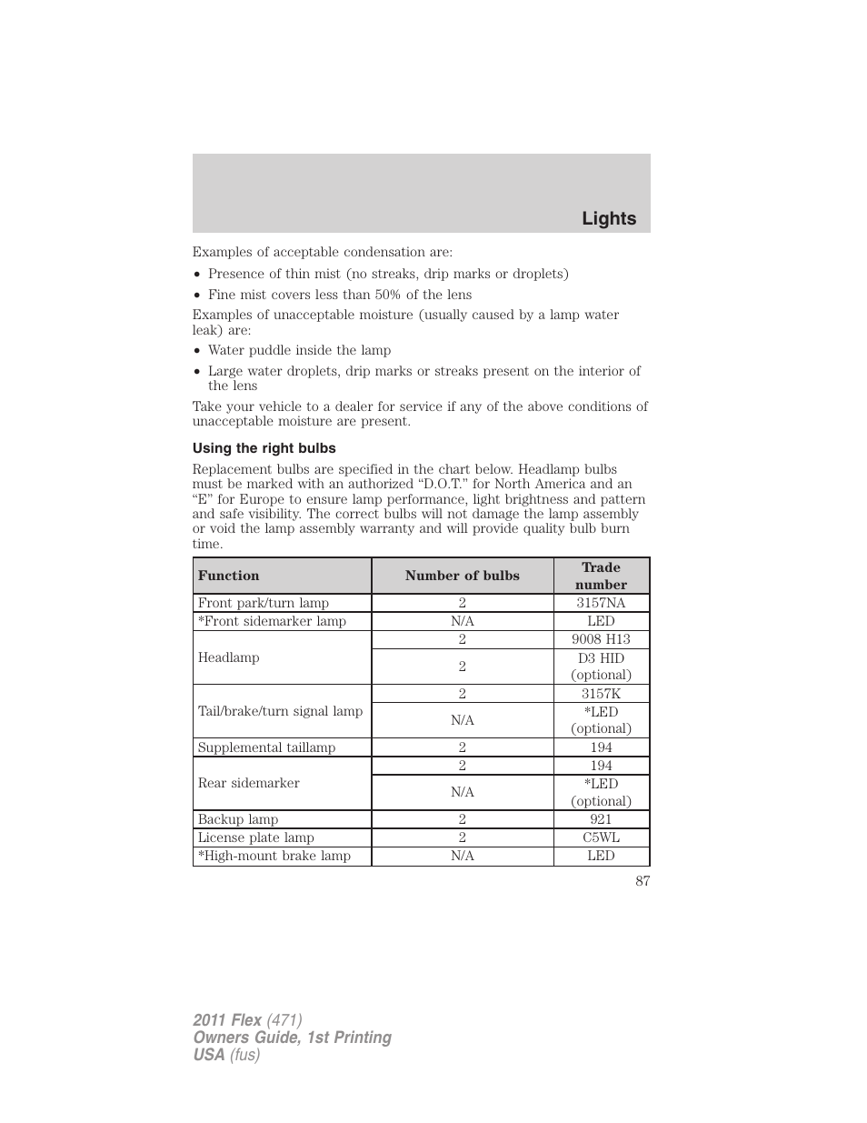 Using the right bulbs, Lights | FORD 2011 Flex v.1 User Manual | Page 87 / 418