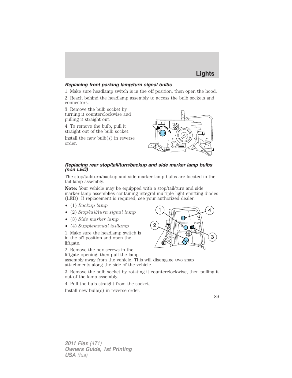 Replacing front parking lamp/turn signal bulbs, Lights | FORD 2011 Flex v.1 User Manual | Page 89 / 418