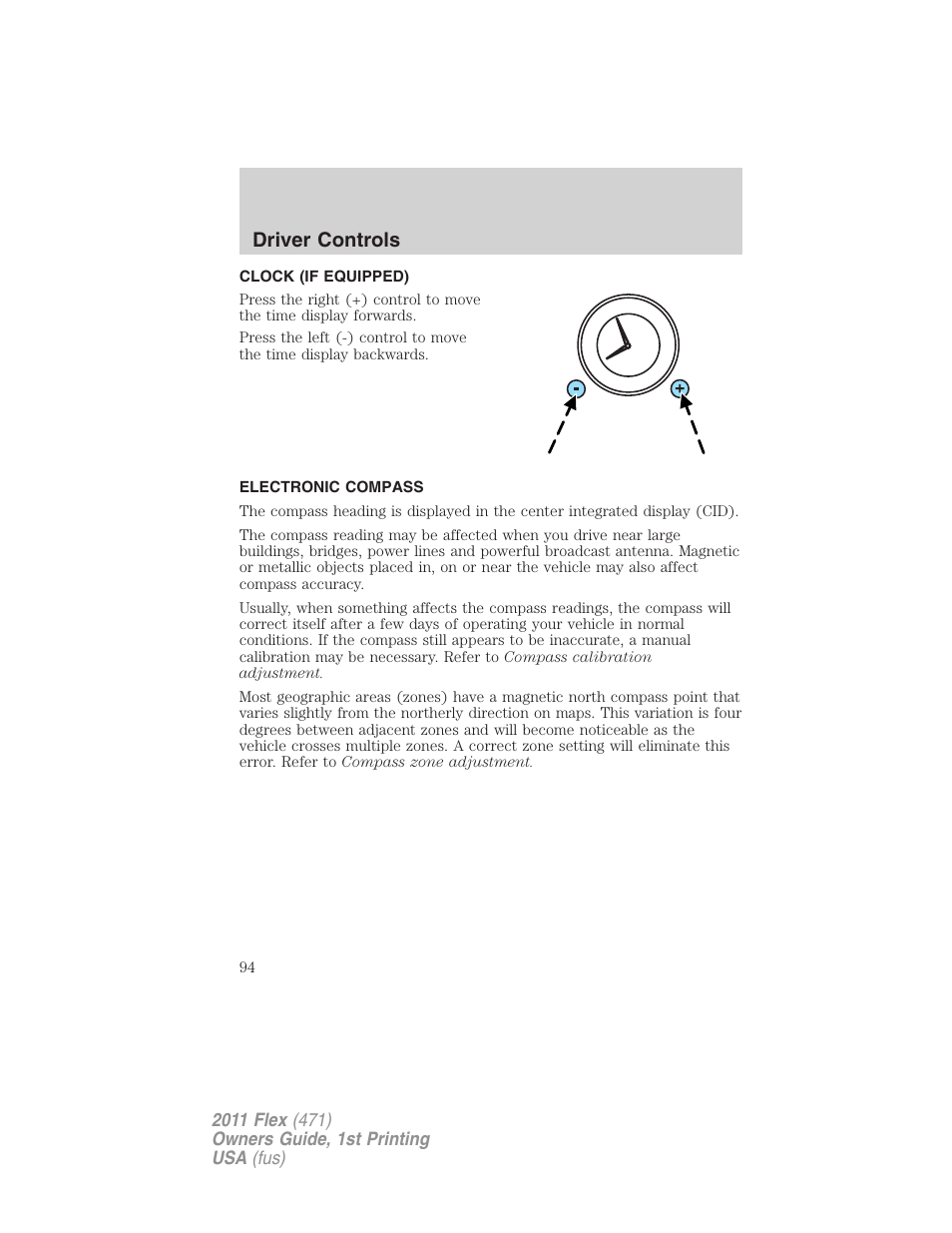 Clock (if equipped), Electronic compass, Driver controls | FORD 2011 Flex v.1 User Manual | Page 94 / 418