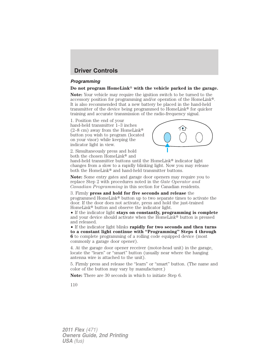 Programming, Driver controls | FORD 2011 Flex v.2 User Manual | Page 110 / 418