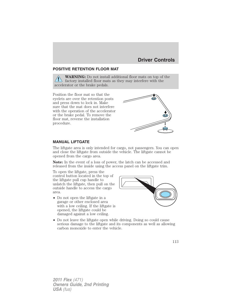 Positive retention floor mat, Manual liftgate, Driver controls | FORD 2011 Flex v.2 User Manual | Page 113 / 418