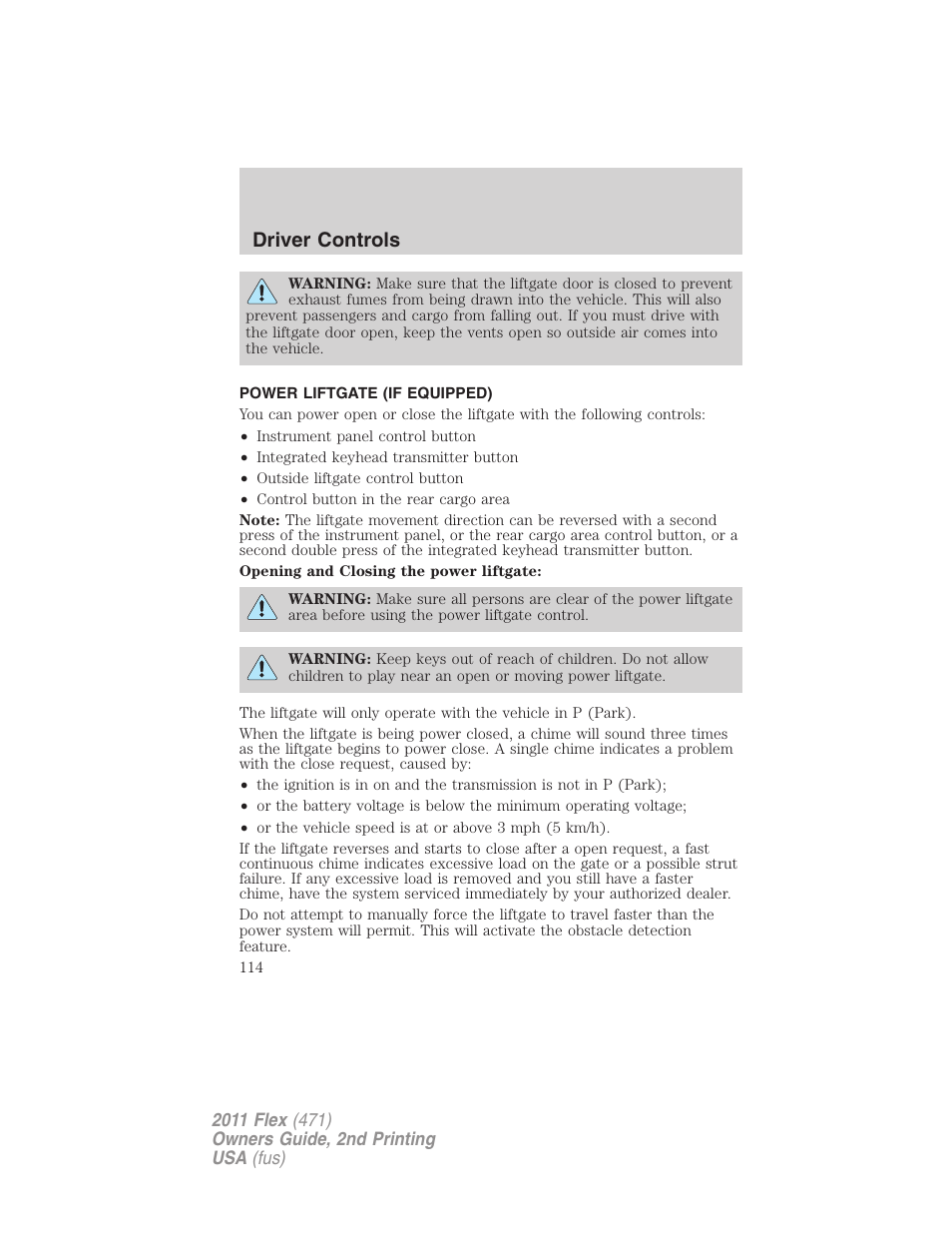 Power liftgate (if equipped), Driver controls | FORD 2011 Flex v.2 User Manual | Page 114 / 418