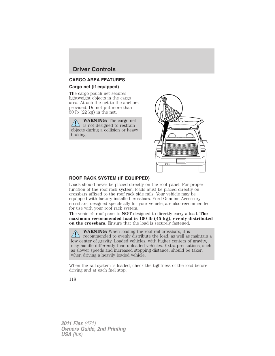 Cargo area features, Cargo net (if equipped), Roof rack system (if equipped) | Driver controls | FORD 2011 Flex v.2 User Manual | Page 118 / 418
