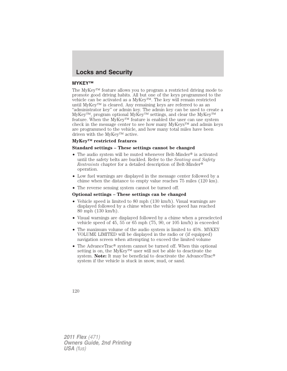 Mykey, Locks and security | FORD 2011 Flex v.2 User Manual | Page 120 / 418