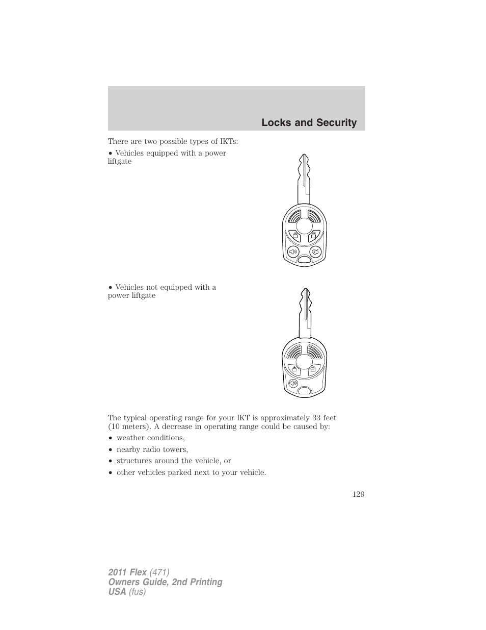 Locks and security | FORD 2011 Flex v.2 User Manual | Page 129 / 418