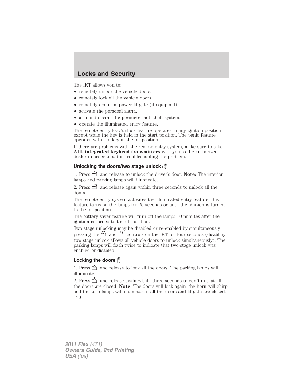 Unlocking the doors/two stage unlock, Locking the doors, Locks and security | FORD 2011 Flex v.2 User Manual | Page 130 / 418