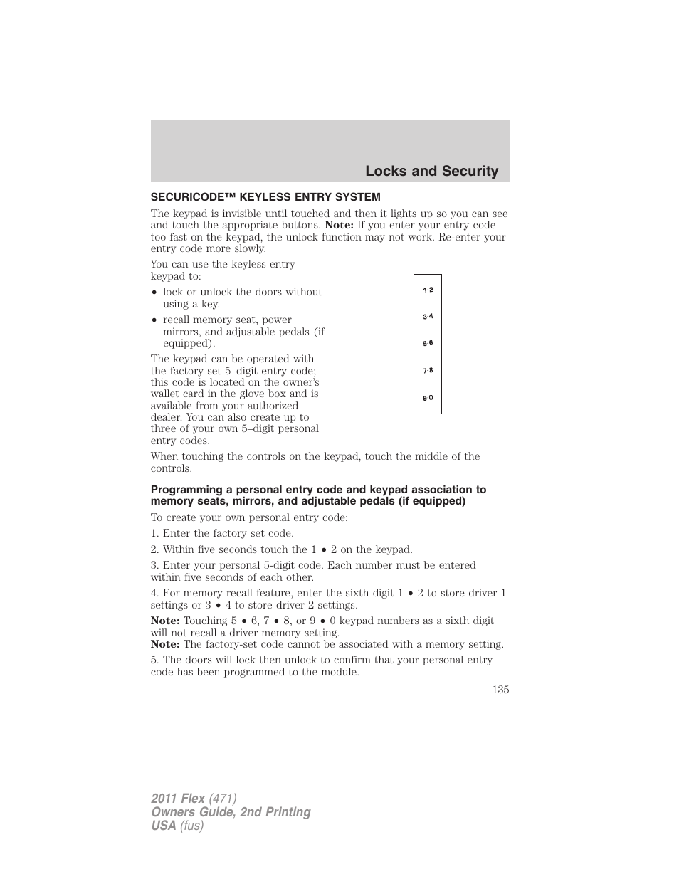 Securicode™ keyless entry system, Locks and security | FORD 2011 Flex v.2 User Manual | Page 135 / 418