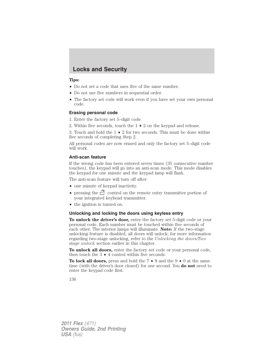 Erasing personal code, Anti-scan feature, Locks and security | FORD 2011 Flex v.2 User Manual | Page 136 / 418