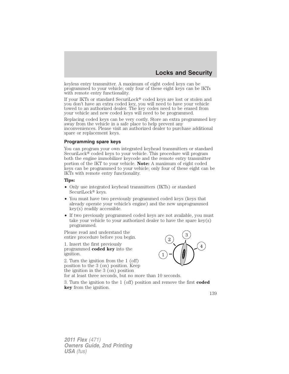 Programming spare keys, Locks and security | FORD 2011 Flex v.2 User Manual | Page 139 / 418