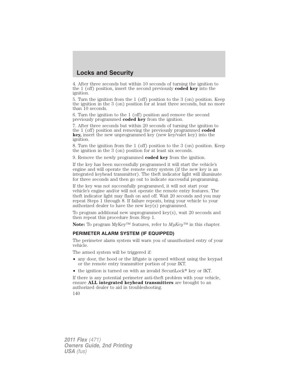 Perimeter alarm system (if equipped), Locks and security | FORD 2011 Flex v.2 User Manual | Page 140 / 418