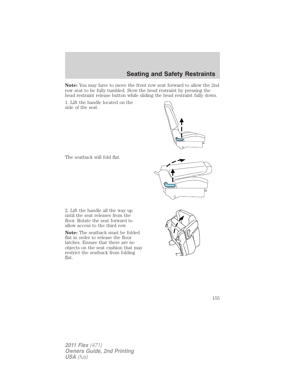 Seating and safety restraints | FORD 2011 Flex v.2 User Manual | Page 155 / 418