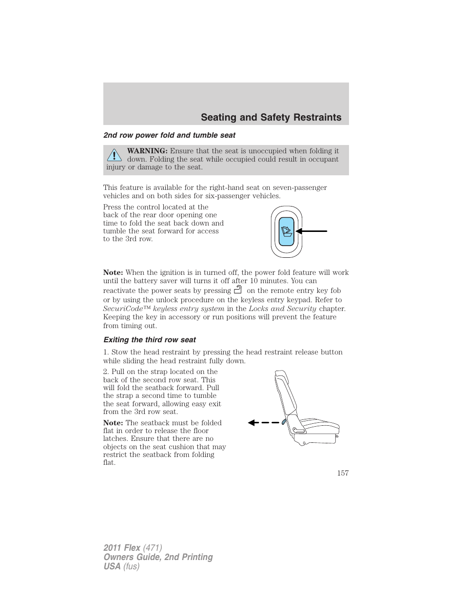 2nd row power fold and tumble seat, Exiting the third row seat, Seating and safety restraints | FORD 2011 Flex v.2 User Manual | Page 157 / 418