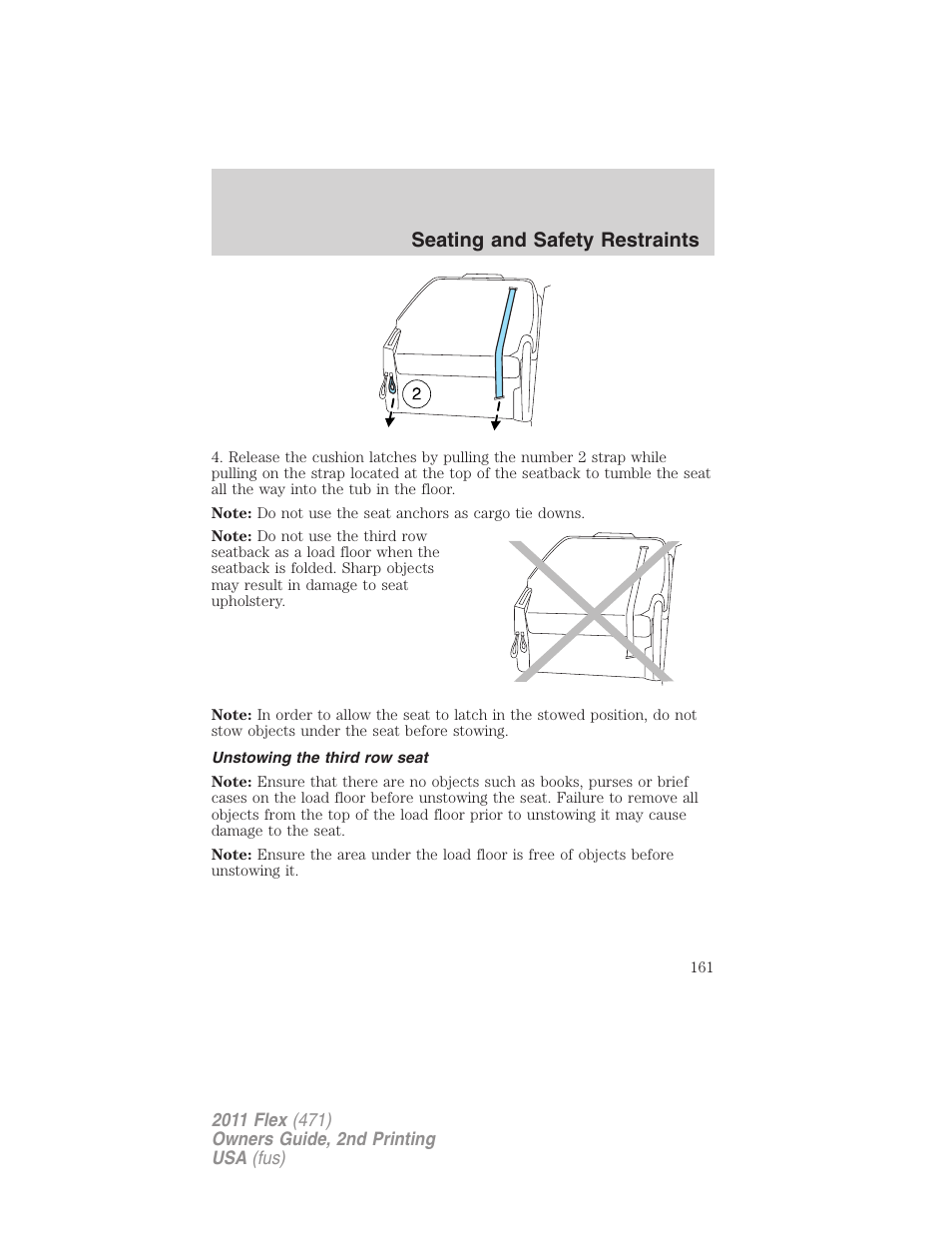 Unstowing the third row seat, Seating and safety restraints | FORD 2011 Flex v.2 User Manual | Page 161 / 418