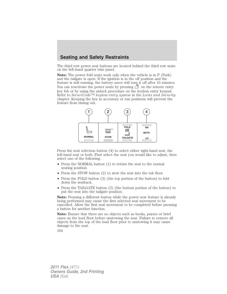 Seating and safety restraints | FORD 2011 Flex v.2 User Manual | Page 164 / 418