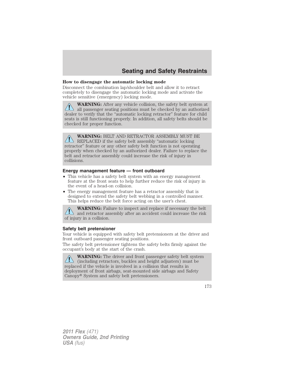 Energy management feature — front outboard, Safety belt pretensioner, Seating and safety restraints | FORD 2011 Flex v.2 User Manual | Page 173 / 418