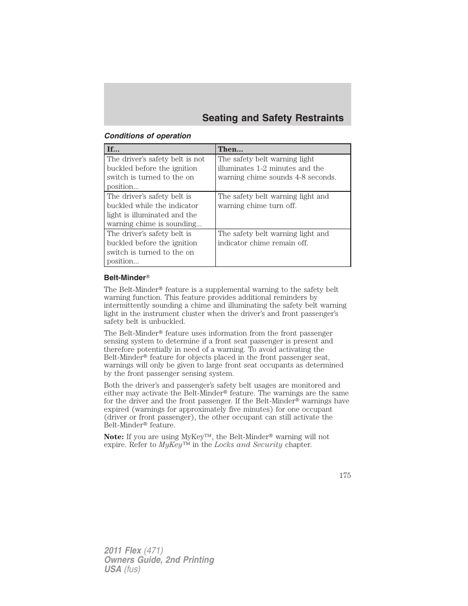 Conditions of operation, Belt-minder, Seating and safety restraints | FORD 2011 Flex v.2 User Manual | Page 175 / 418