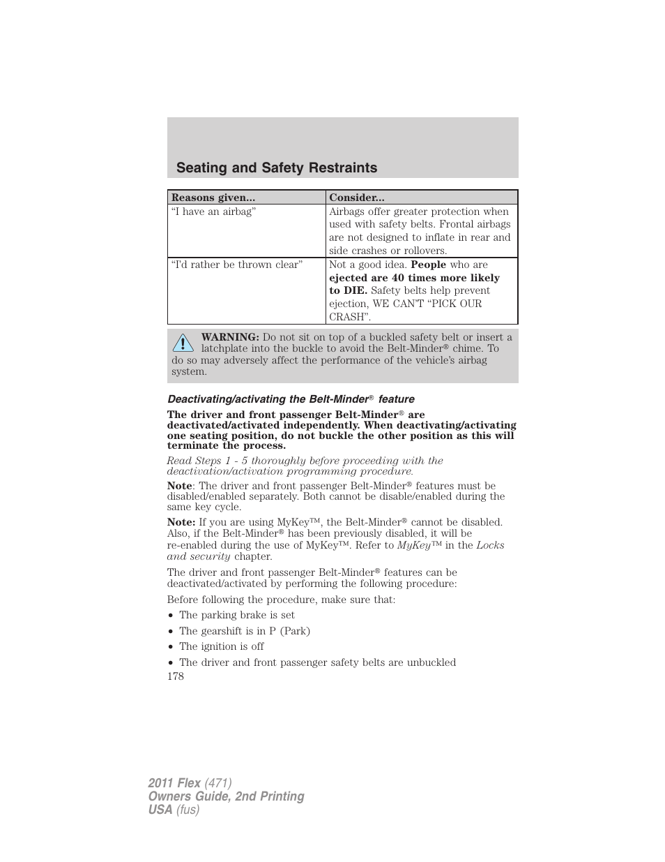 Deactivating/activating the belt-minder feature, Seating and safety restraints | FORD 2011 Flex v.2 User Manual | Page 178 / 418