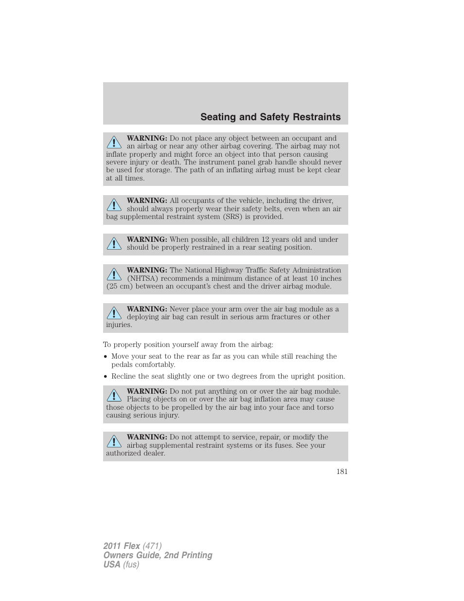 Seating and safety restraints | FORD 2011 Flex v.2 User Manual | Page 181 / 418