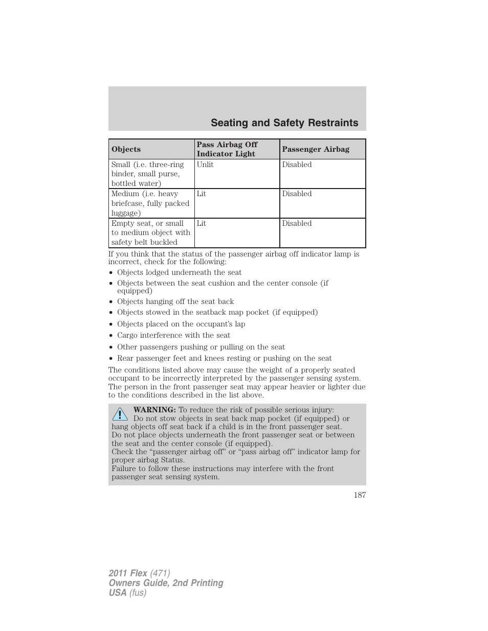 Seating and safety restraints | FORD 2011 Flex v.2 User Manual | Page 187 / 418