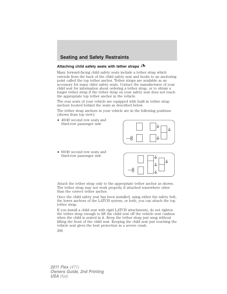 Attaching child safety seats with tether straps, Seating and safety restraints | FORD 2011 Flex v.2 User Manual | Page 206 / 418