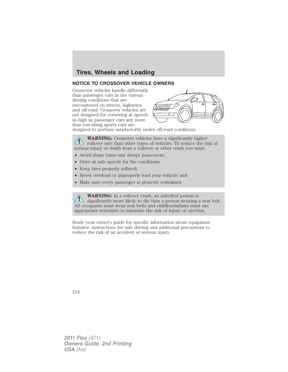 Tires, wheels and loading, Notice to crossover vehicle owners | FORD 2011 Flex v.2 User Manual | Page 214 / 418