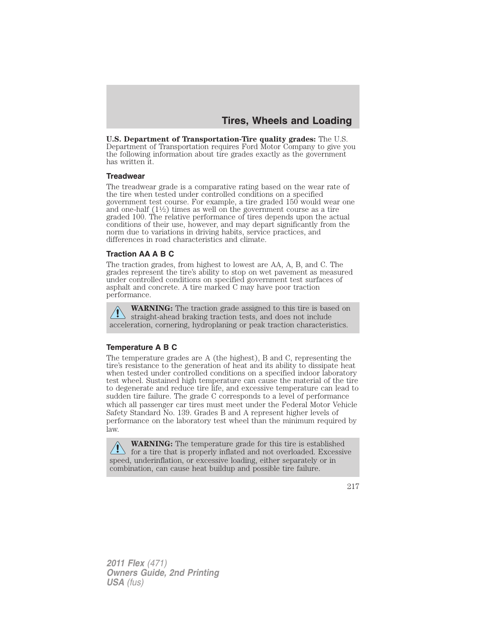 Treadwear, Traction aa a b c, Temperature a b c | Tires, wheels and loading | FORD 2011 Flex v.2 User Manual | Page 217 / 418
