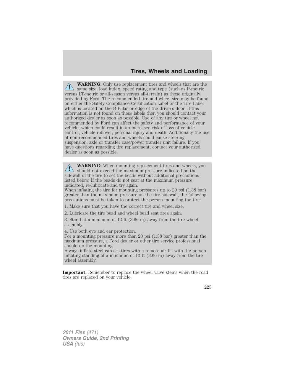 Tires, wheels and loading | FORD 2011 Flex v.2 User Manual | Page 223 / 418