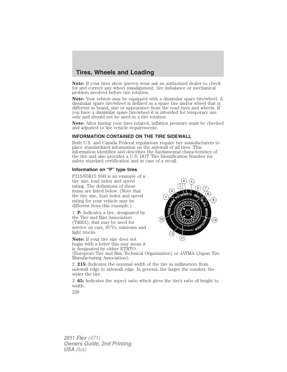 Information contained on the tire sidewall, Information on “p” type tires, Tires, wheels and loading | FORD 2011 Flex v.2 User Manual | Page 226 / 418