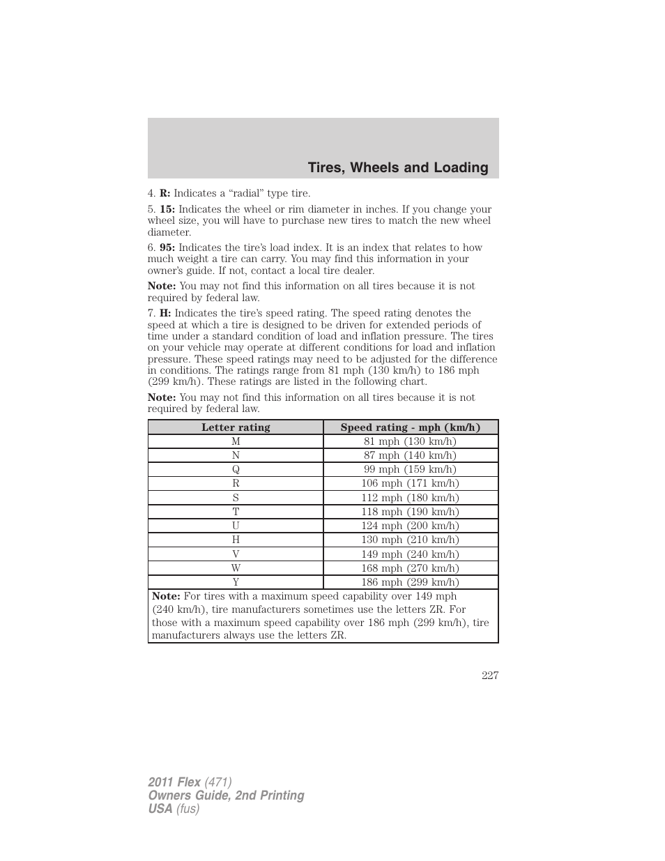 Tires, wheels and loading | FORD 2011 Flex v.2 User Manual | Page 227 / 418