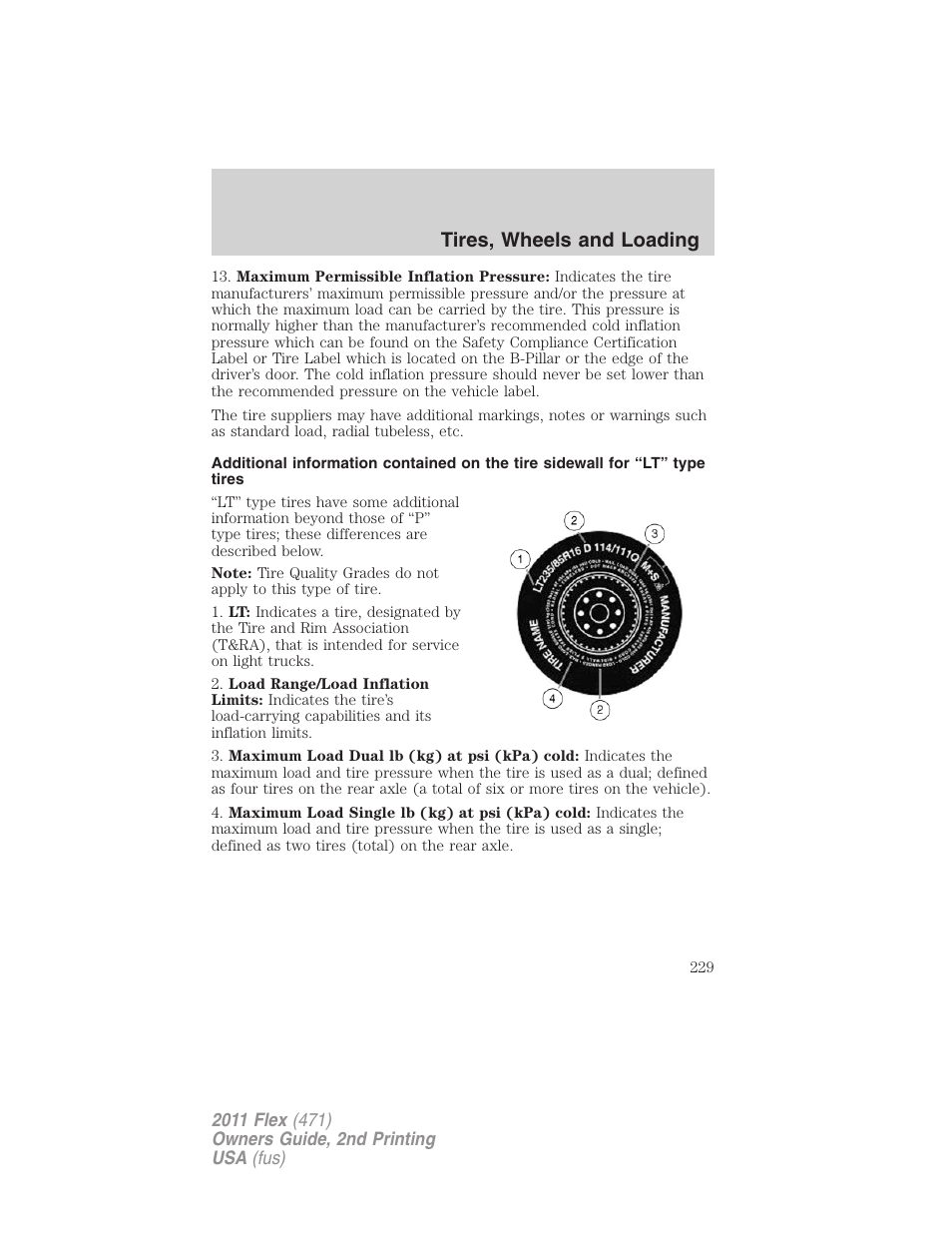 Tires, wheels and loading | FORD 2011 Flex v.2 User Manual | Page 229 / 418