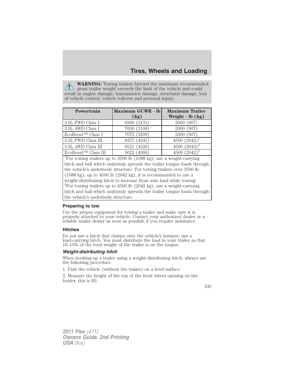 Preparing to tow, Hitches, Weight-distributing hitch | Tires, wheels and loading | FORD 2011 Flex v.2 User Manual | Page 245 / 418