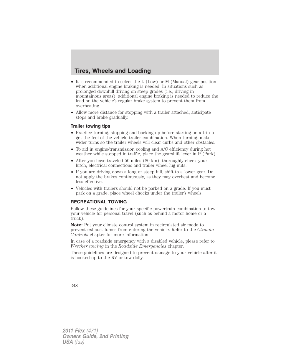 Trailer towing tips, Recreational towing, Tires, wheels and loading | FORD 2011 Flex v.2 User Manual | Page 248 / 418